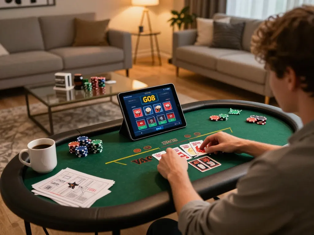 GO8 player engaging in online casino gaming at home, showing tablet interface and betting strategies.
