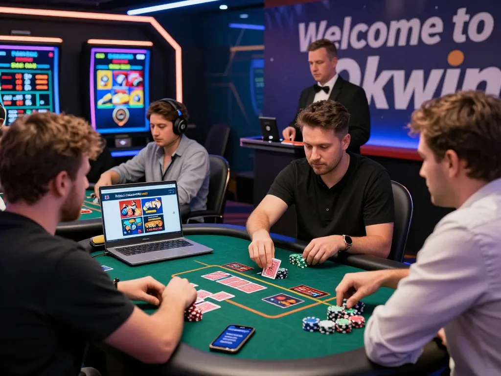 Vibrant online gaming scene with players at live casino table, showcasing excitement and the Okwin experience at https://okwin68.net/.