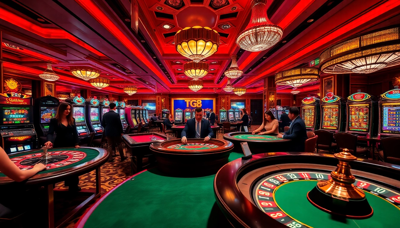 TG88 casino experience with vibrant slot machines and players at poker tables, showcasing excitement.