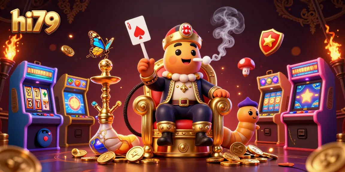 Experience hi79's vibrant gaming scene, featuring a caterpillar master, slot machines, and glowing visuals.