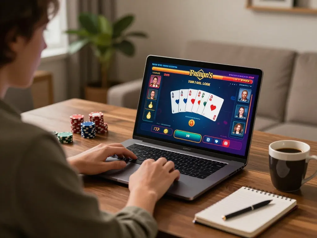 Player exploring online poker games on soibetzz platform in a cozy home setting