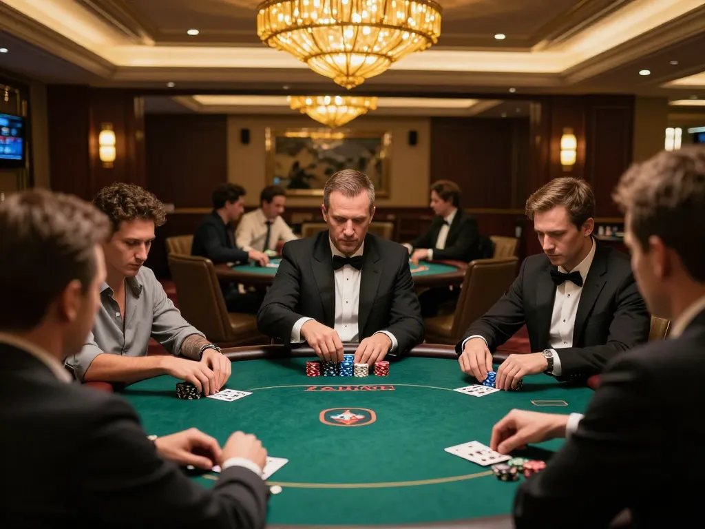 Engaged players strategizing their poker game at 79KING's luxurious casino