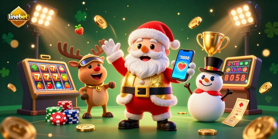 Join the thrilling gaming action on linebetbangladesh with Santa and his festive friends in a vibrant casino setting.