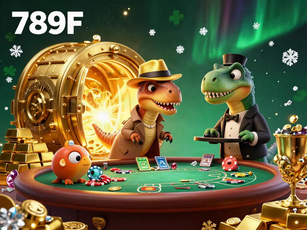 Experience thrilling blackjack moments at 789F with a velociraptor counter and a steno pit boss in a vibrant casino scene.
