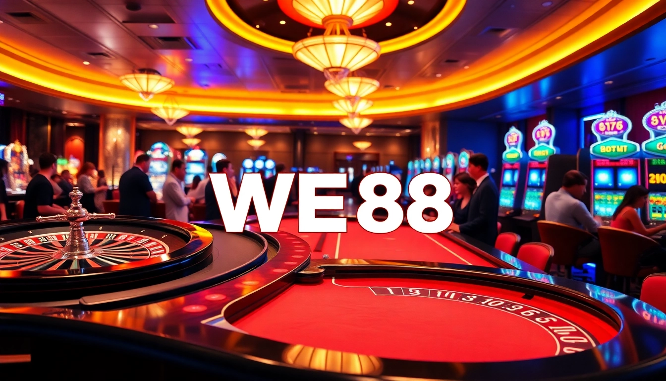 Players engaging in exciting games at WE88 casino, featuring roulette wheels and vibrant slot machines.