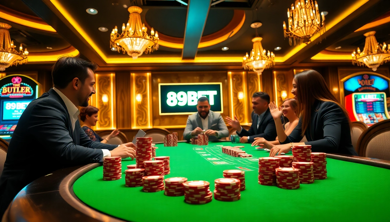 Exciting gambling activity at 89BET casino table with vibrant chips and cards.
