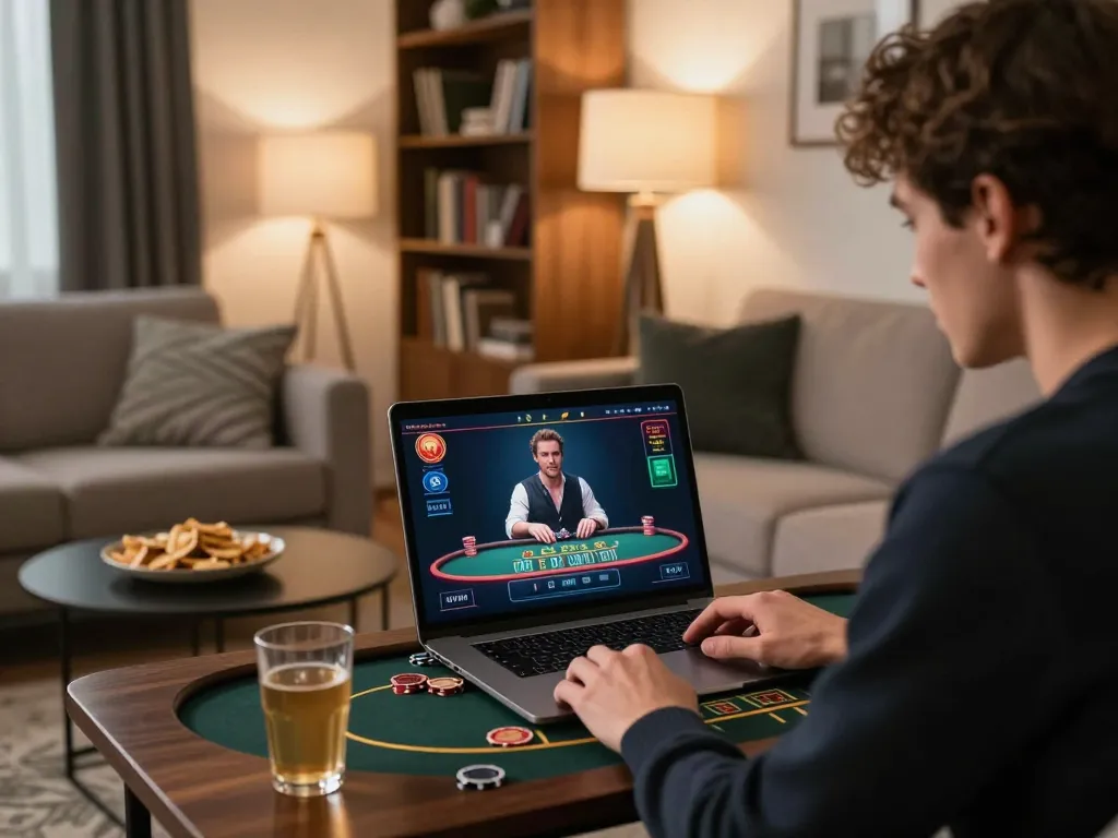 Play live dealer blackjack on LLWIN COM with a modern home setup, showcasing a cozy gaming experience