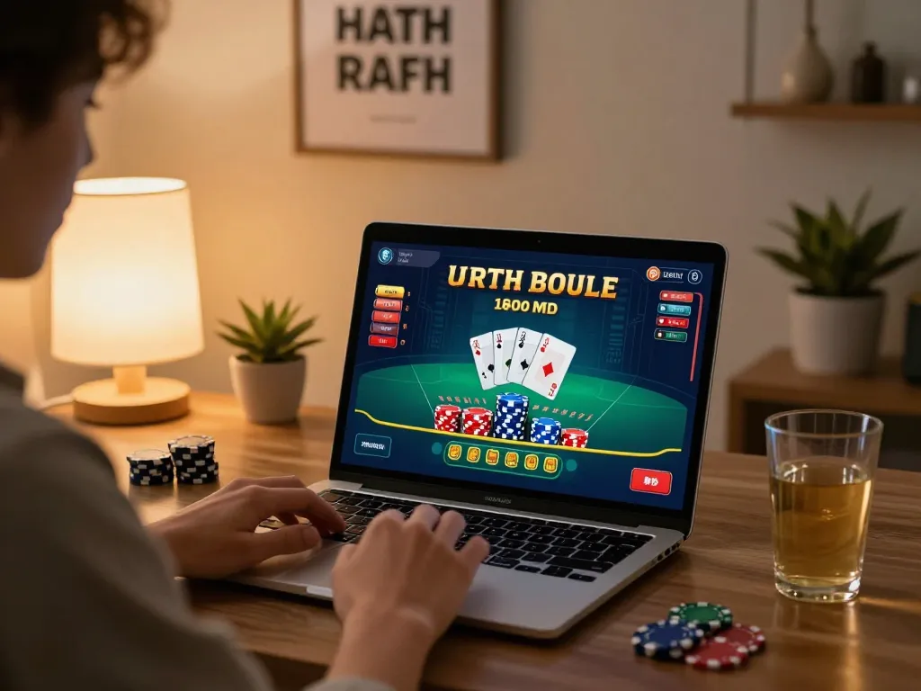 Player enjoying online casino blackjack on laptop, highlighting sunwin gaming strategy and immersive experience.