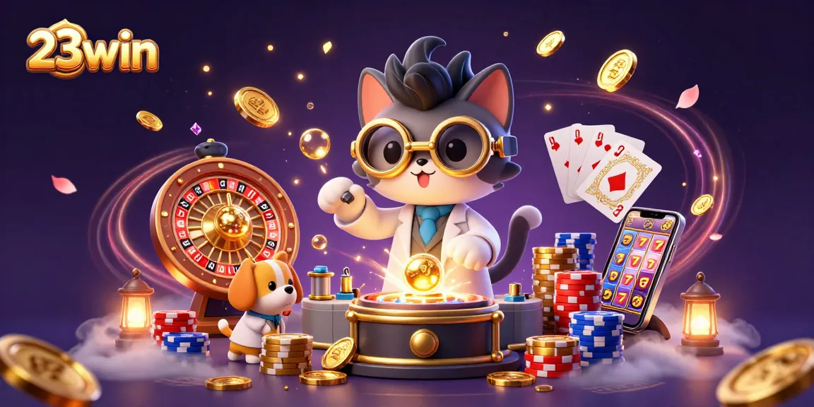 Experience thrilling gaming excitement with 23win's vibrant casino scene featuring slots, cards, and lively characters.