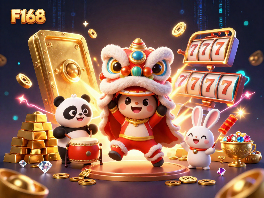 Experience F168's vibrant 3D illustration with unique characters dancing amidst luxurious casino treasures.