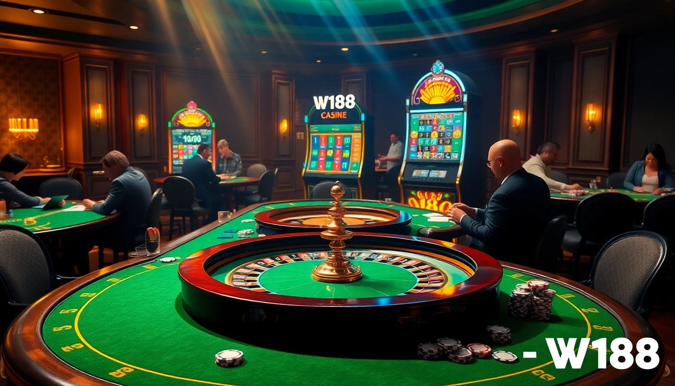 Players engaged in high-stakes gaming at W188 casino, showcasing excitement and winning opportunities.