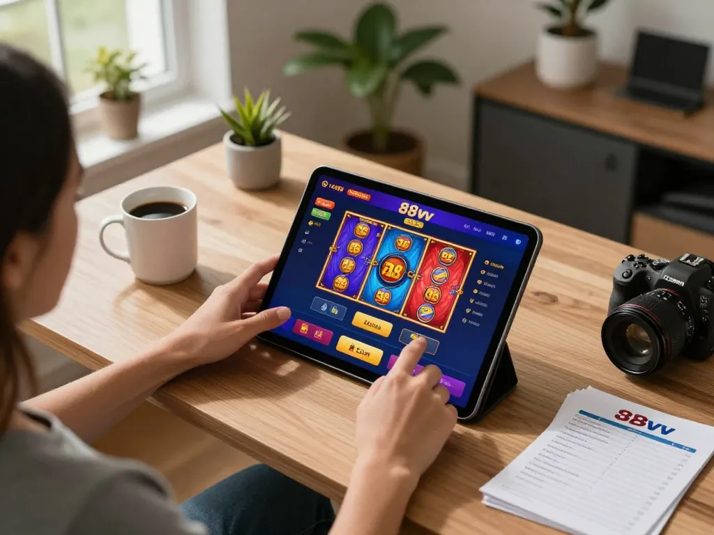 Player enjoying an immersive 88vv gaming experience on a tablet, surrounded by betting notes and cozy home decor.