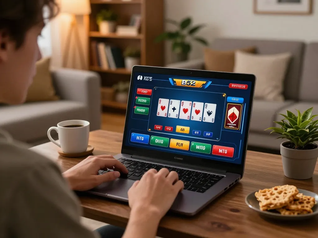 Player enjoying a B52 online casino game at home, showcasing an engaging gaming setup.
