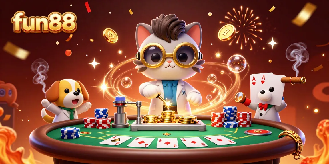 Experience thrilling gameplay at fun88 with a dynamic casino scene featuring a mad scientist cat and loyal dog in action.