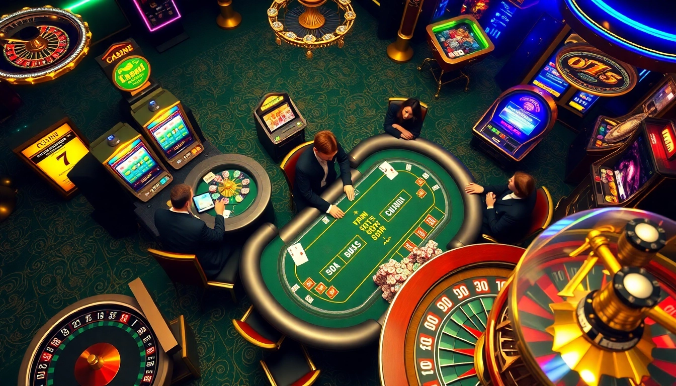 Experience thrilling casino excitement at https://f8bet.net.in/ with vibrant slot machines and a poker table.