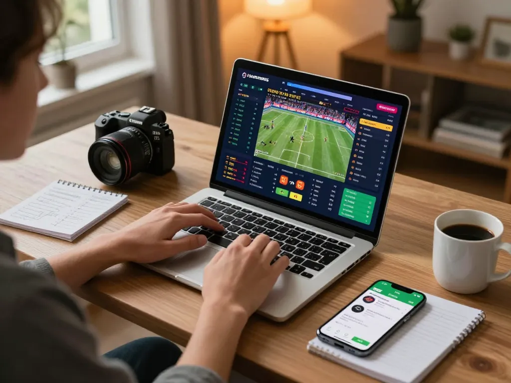 Engaging online sports betting with laptop screen showing ok365vvip odds, a stylish home desk setup.