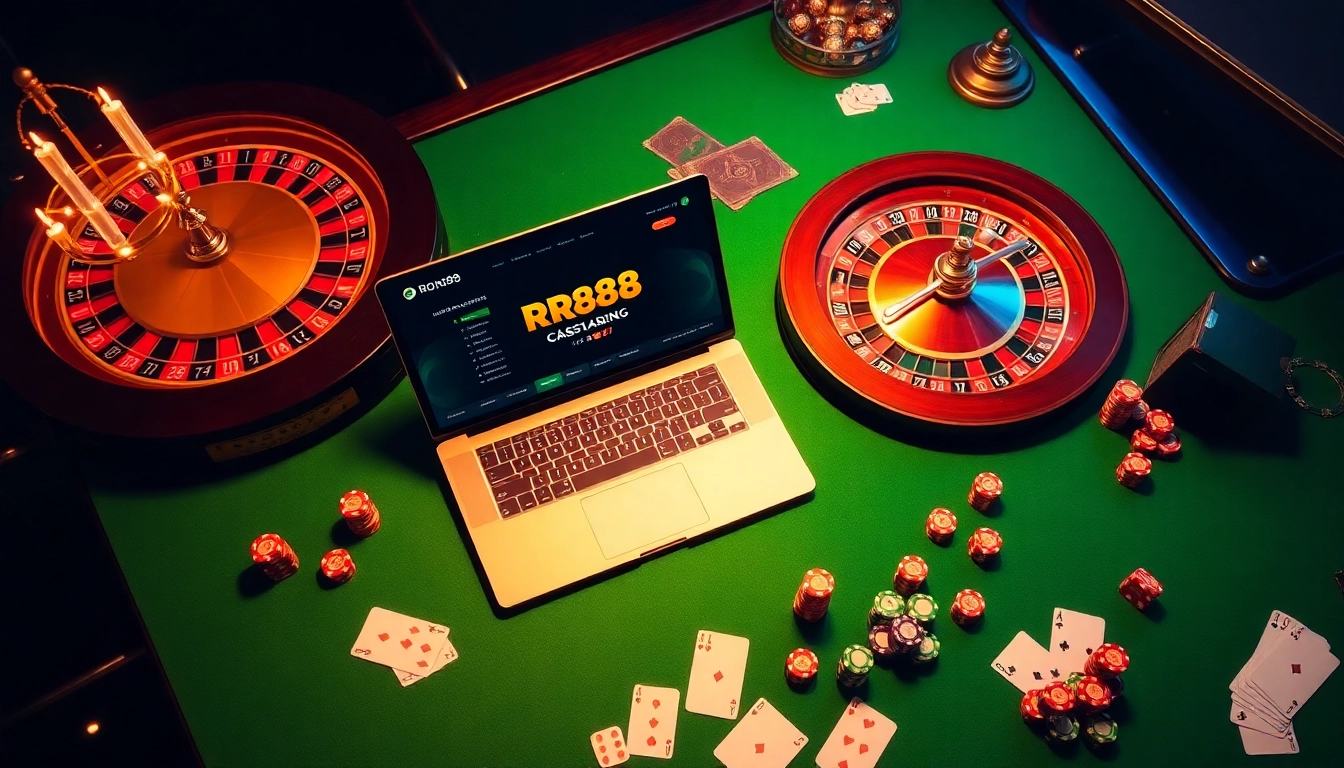 Play at nhà cái RR88 with vibrant casino elements like chips, cards, and a roulette wheel.