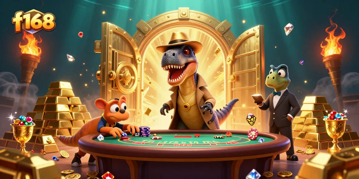 Experience the thrilling f168 casino action with cartoon dinosaurs at a blackjack table, showcasing vibrant gambling elements.