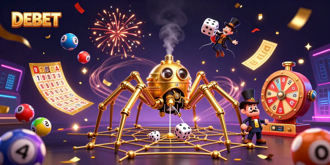 Win big with DEBET: A vibrant depiction of a steampunk spider and lottery elements