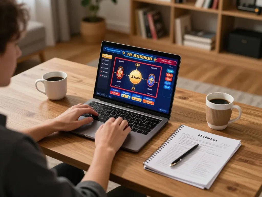 Engaging with 33win casino on a laptop while using strategic betting notes