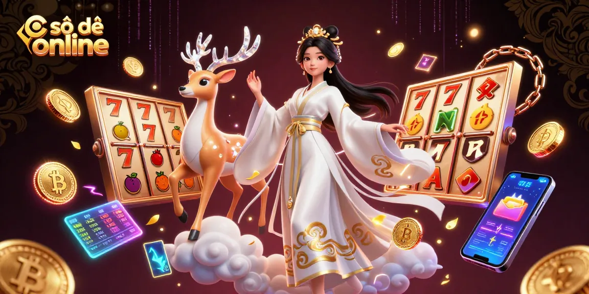 Explore số đề online with a beautiful Asian woman in hanfu amidst colorful slot reels and crypto elements.