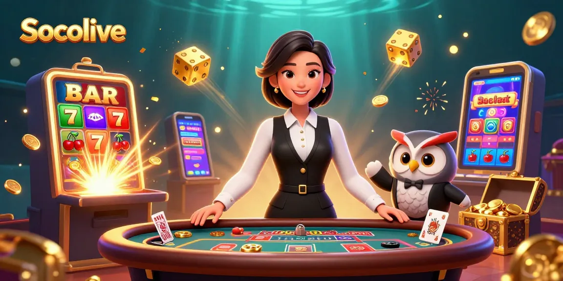Socolive provides a dynamic online casino experience, showcasing vibrant 3D illustrations of dealers and game elements.