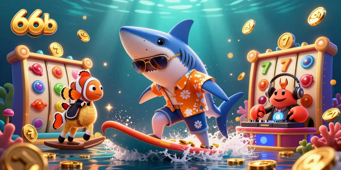 Experience thrilling slots with 66b featuring a shark, clownfish, and crab in a casino scene.