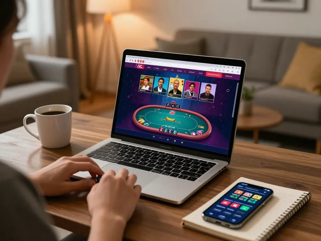 An engaging user playing online poker on the 8day casino app, showcasing a vibrant session at home.