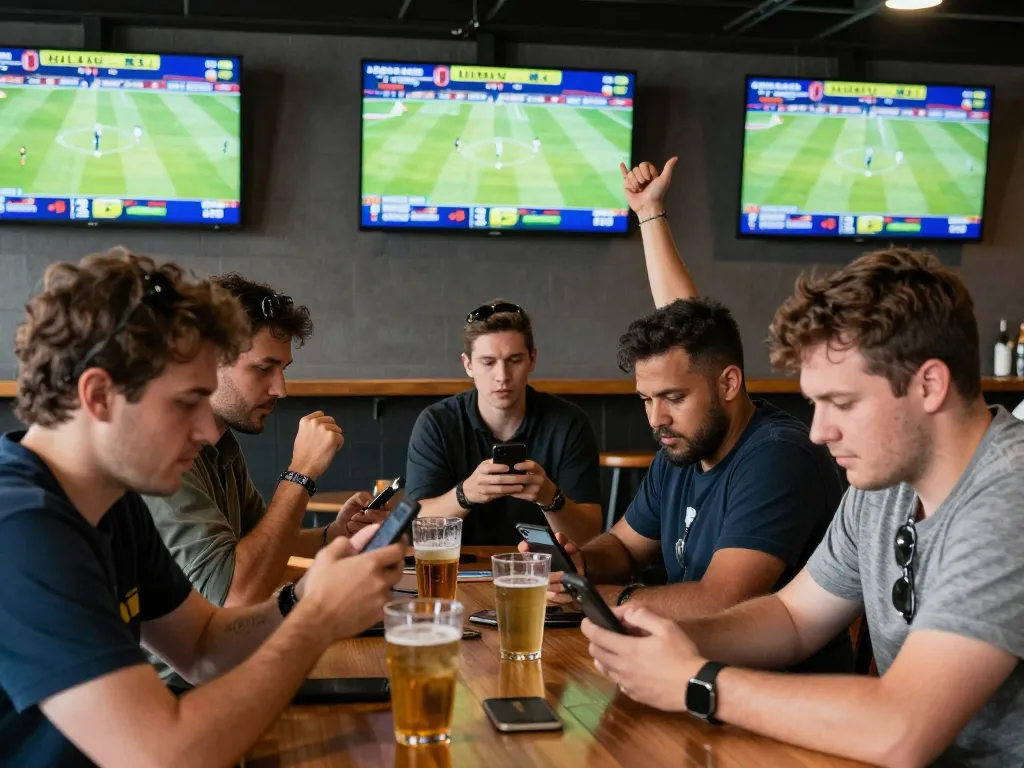Sports enthusiasts strategizing bets at BL555, surrounded by screens and drinks in a lively atmosphere