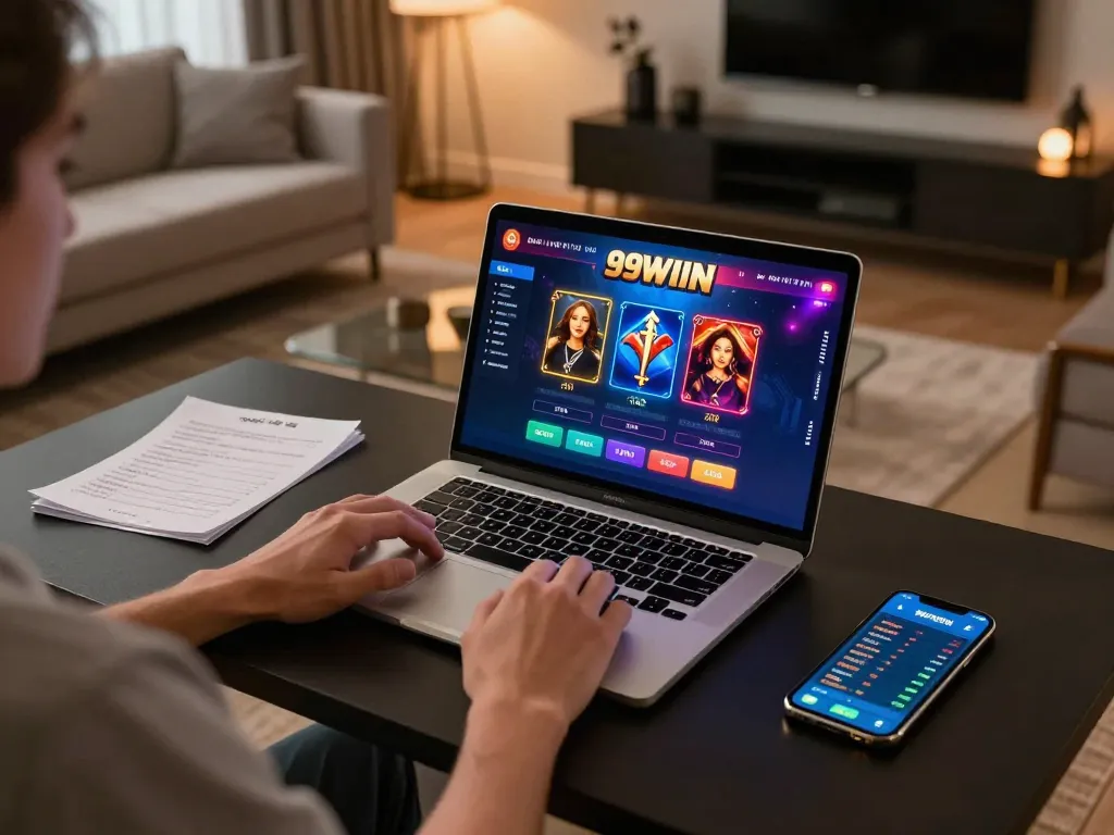 Enjoying a strategic online gaming session with 99WIN in a cozy home setup.
