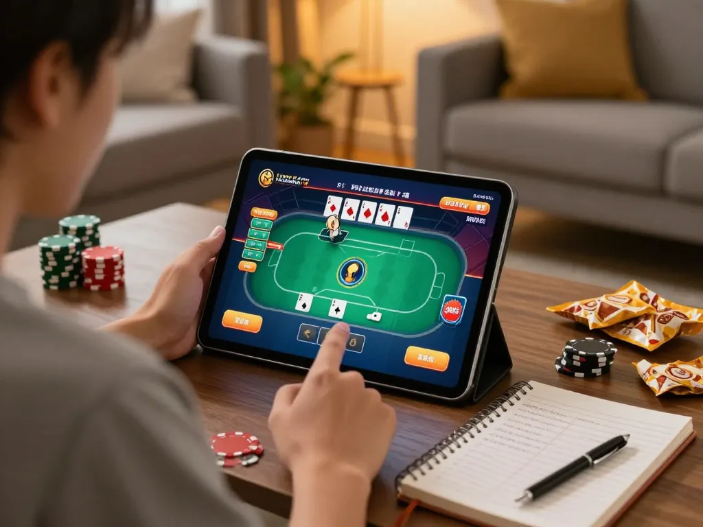Play poker online with Vmax ok in a cozy home setting, enjoying strategic gameplay with a tablet.