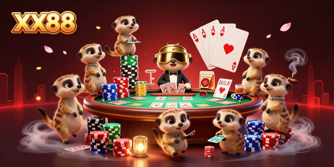 Experience the excitement of XX88 casino with meerkats managing games and chips!