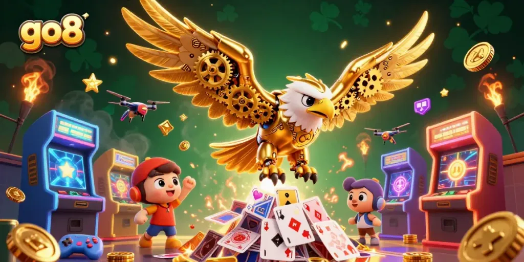 Engage in thrilling gaming adventures at go8 with a dynamic 3D casino scene featuring golden eagle and vibrant game elements.
