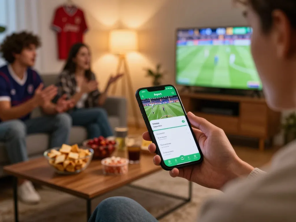 Bsport users engaged in live betting on mobile in a cozy home environment with friends.