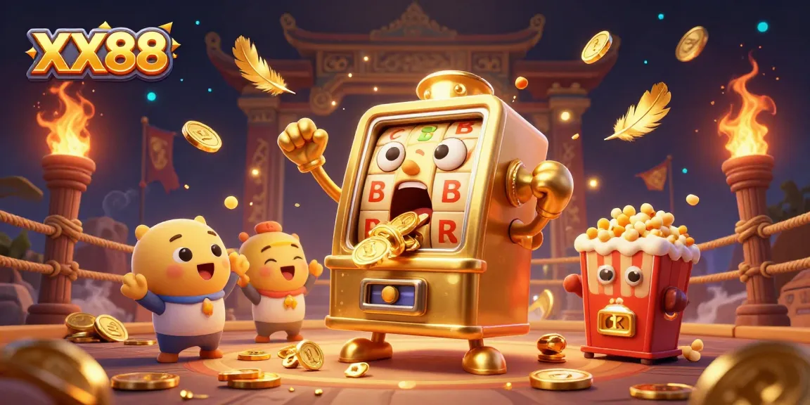Win big at XX88 with a cartoon golden slot machine celebrating its jackpot, surrounded by cheering baby slots and exciting casino elements.