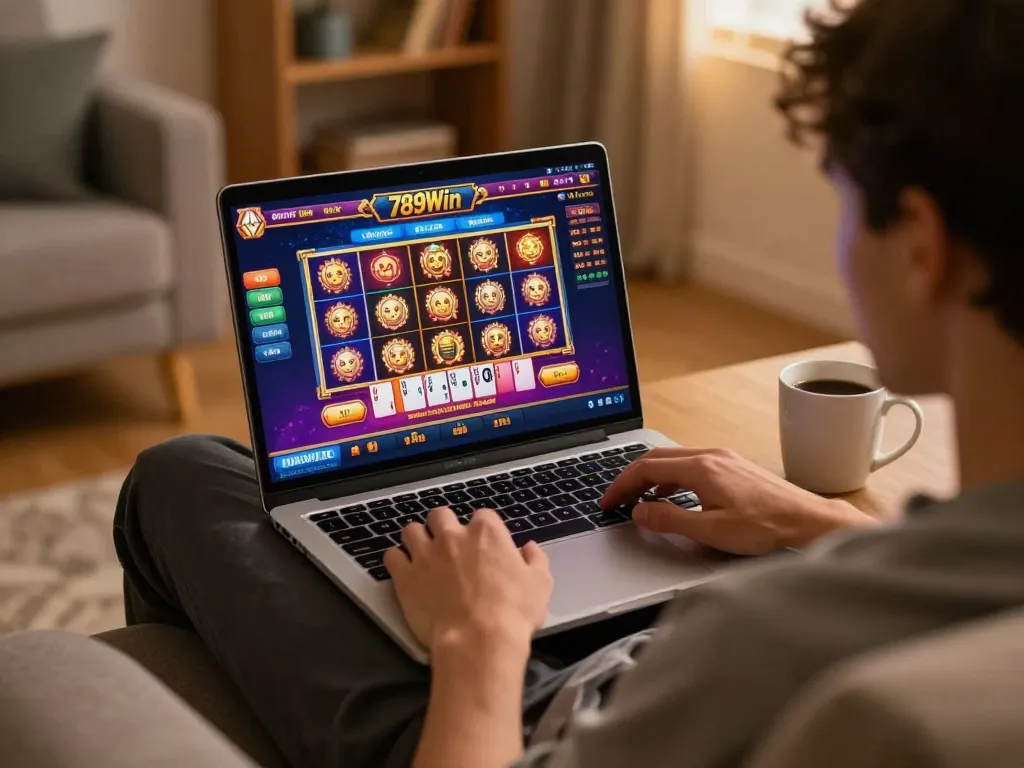 Playing online casino games at 789Win, showcasing vibrant games and cozy atmosphere.
