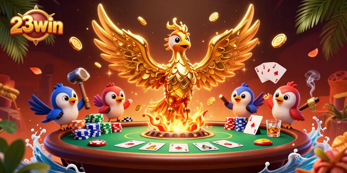 Experience the thrill of 23win online casino with a dynamic scene of a molten golden phoenix and poker elements.