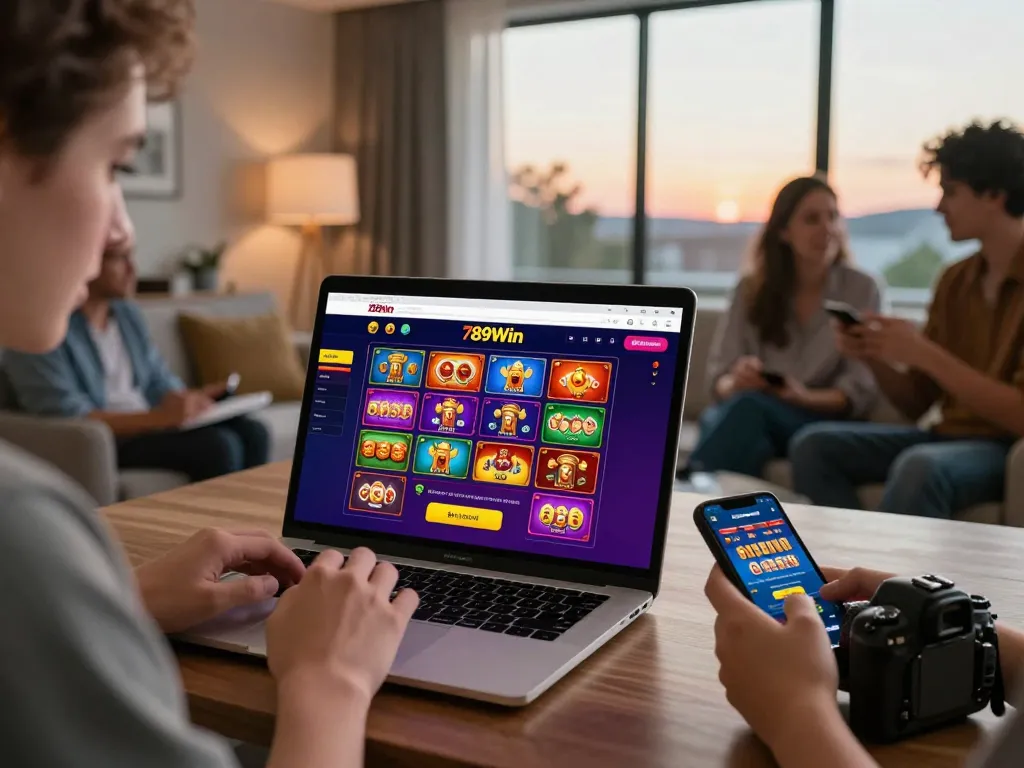 Exciting online gaming moment with 789Win website displayed, friends engaged in lively discussion and strategy sharing.
