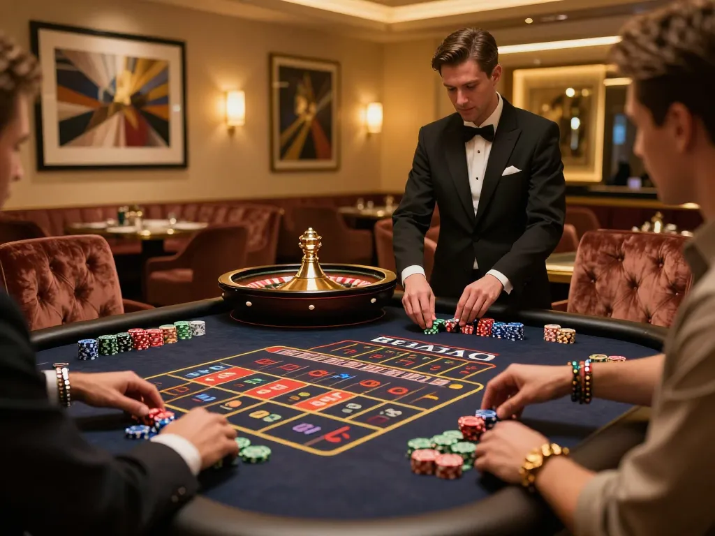 N88 players enjoying an upscale roulette game in a luxurious casino setting with vibrant chips and warm lighting.