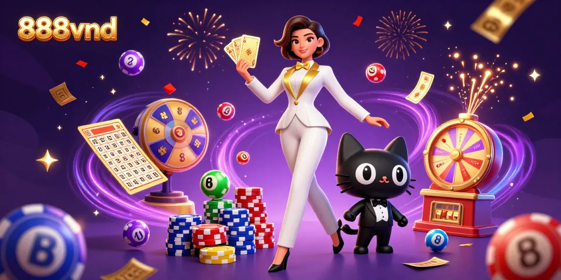 Experience the excitement of 888vnd with glamorous casino elements, vibrant lottery balls, and a festive atmosphere.