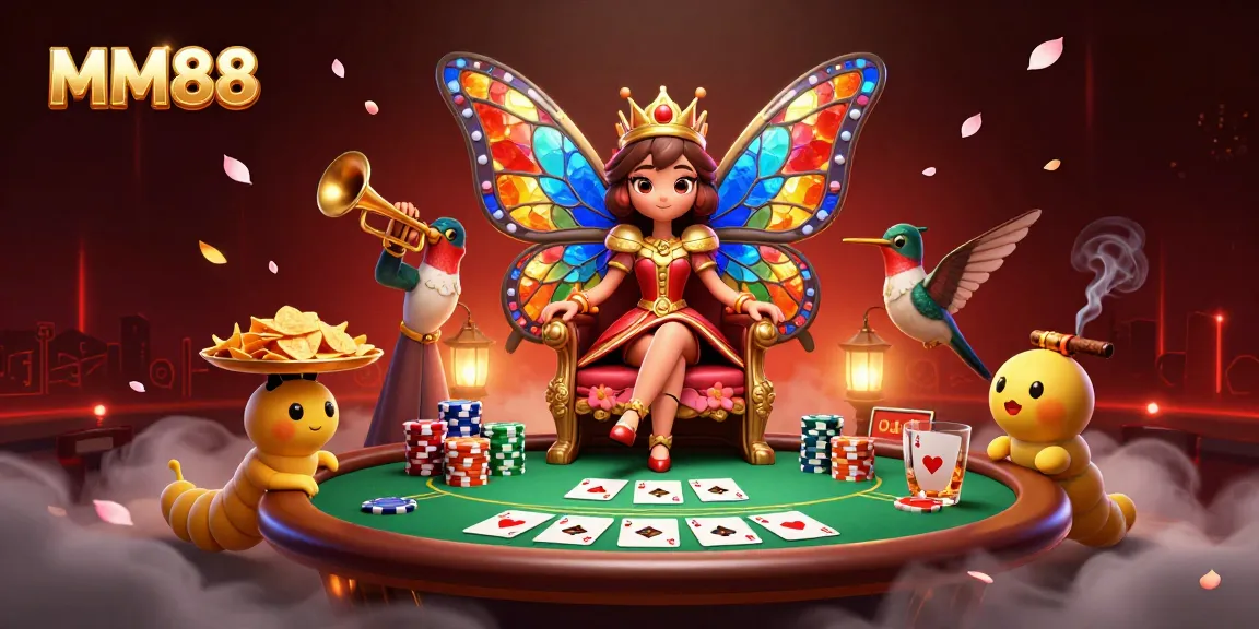 Join the MM88 gaming extravaganza with vibrant characters amidst a rich poker scene with chips.