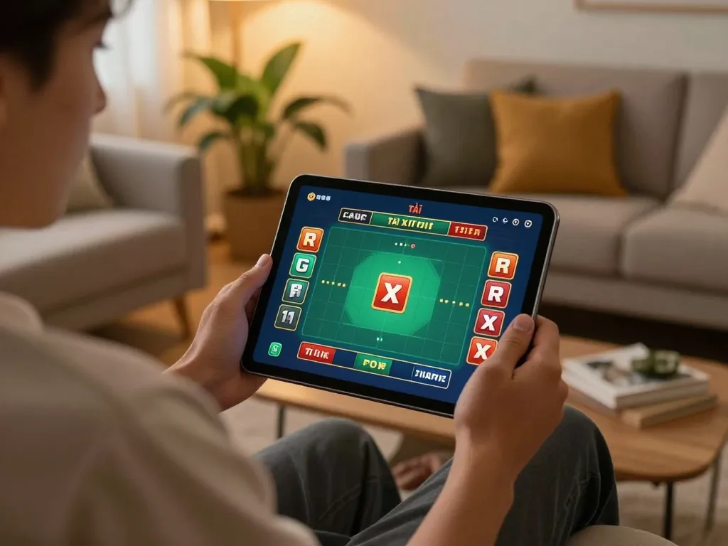 Tài xỉu uy tín gameplay displayed on tablet, showcasing exciting betting interface in a cozy home setting