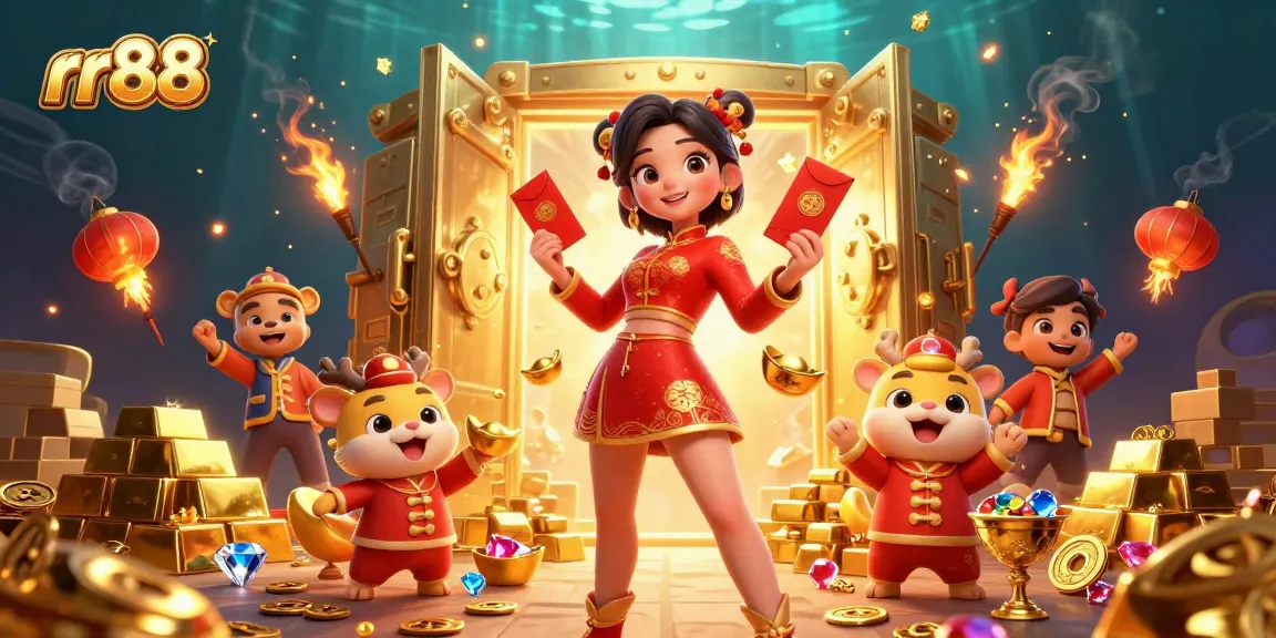 Play exciting games at rr88 with a beautiful Asian woman celebrating Lunar New Year amidst golden treasures.