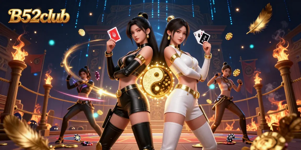 B52club showcases twin Asian women with playing cards in an exciting casino atmosphere.