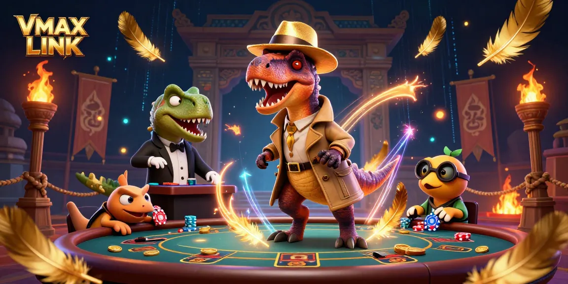 Experience the excitement of VMAX LINK as a velociraptor card counter plays blackjack, surrounded by dynamic gambling elements.