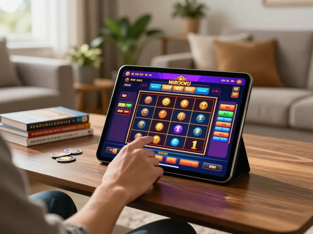 Player enjoys exciting slot machines on go8 mobile app in a cozy home setting