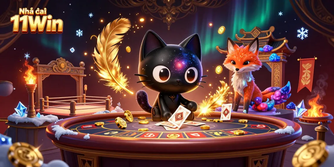 Engage with Nhà cái 11Win at an ultra-detailed cosmic casino scene filled with excitement and vibrant elements.
