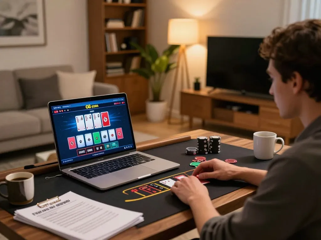 Engaging in live blackjack on O8 com from a cozy home setup, enhancing strategic gameplay