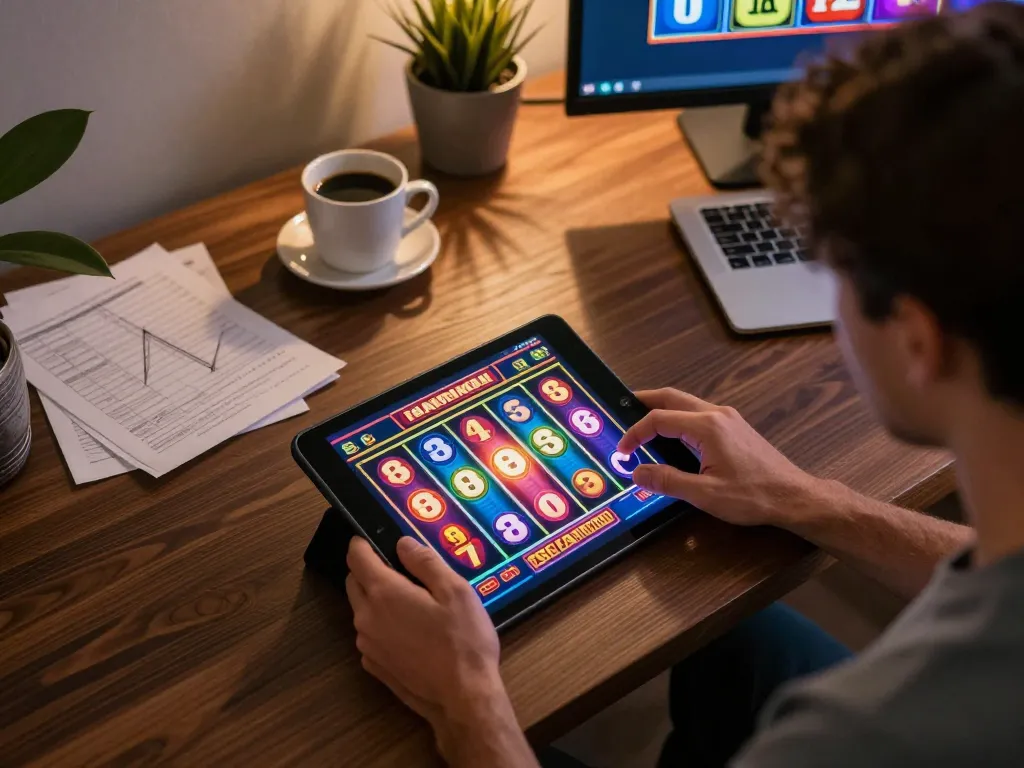 Player enjoying slots on tablet, 78WIN gaming interface illuminated on screen.