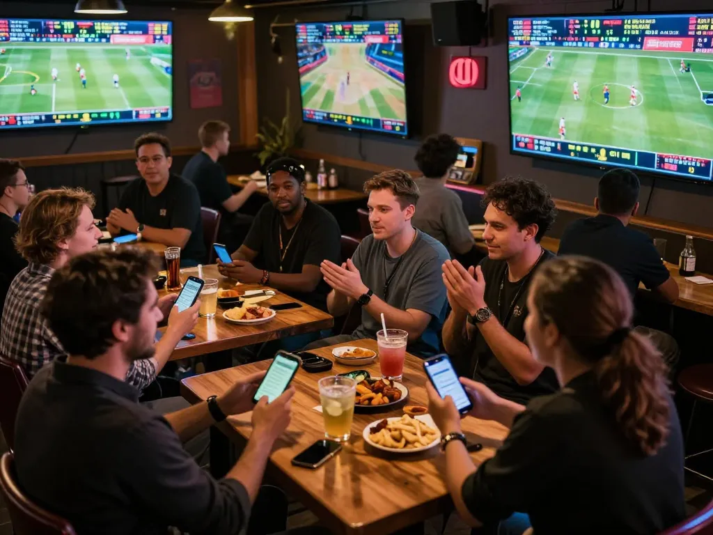 SboBet patrons engaged in intense sports betting at their mobile devices in vibrant sports bar atmosphere.